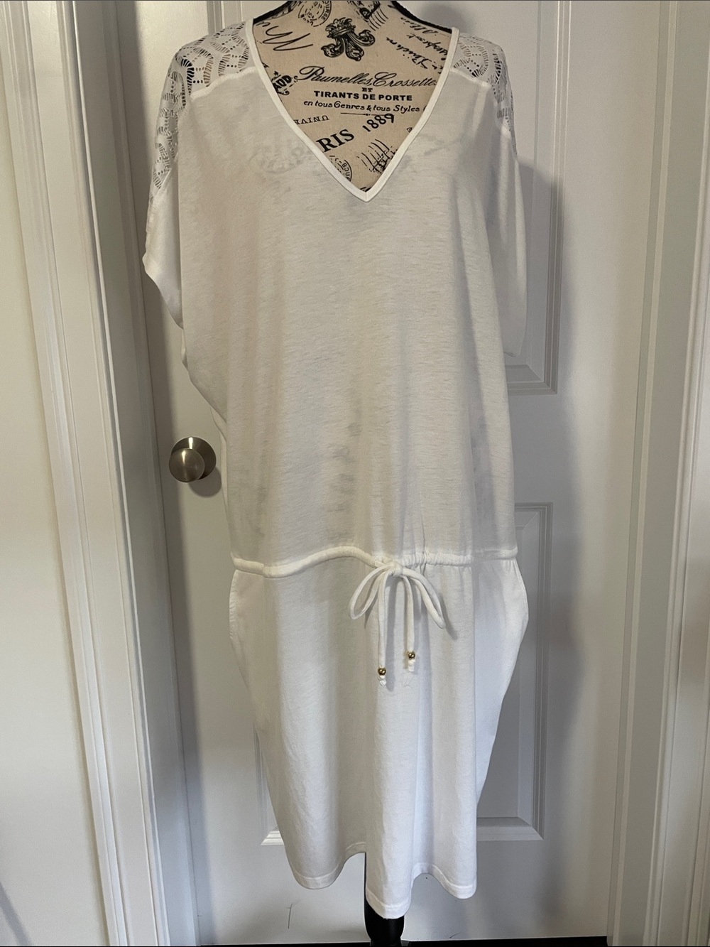 White V-Neck Drawstring Tunic Coverup